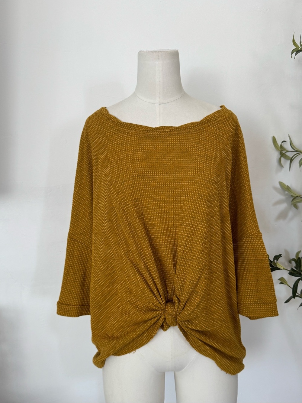 Free People Mustard Waffle Knit Twist Back Oversized Top XS Boho